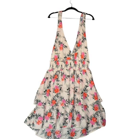 Madden NYC Floral Dress Womens XXL Ivory Deep V Smocked Waist Flirty Beachy - Picture 2 of 13